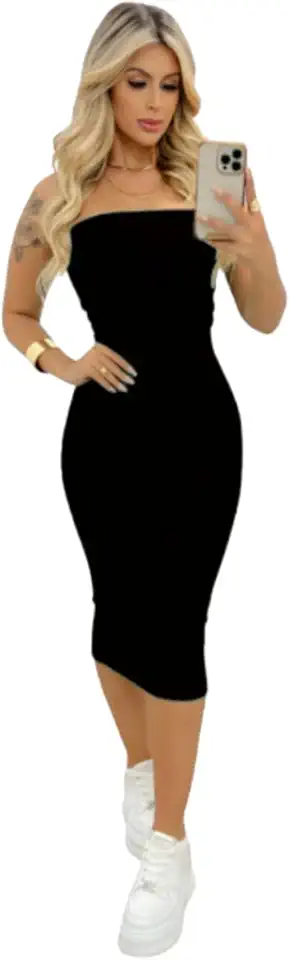 Vestido Feminino Midi Tubinho Sem Alça Coladinho Lindo