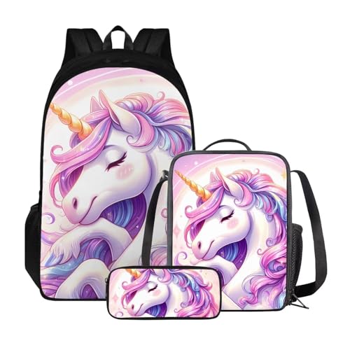 Set zaino per ragazzi e ragazze con borsa per il pranzo e astuccio per libri universitari per attività allaperto Unicorno vintage Taglia unica Zaini Daypack