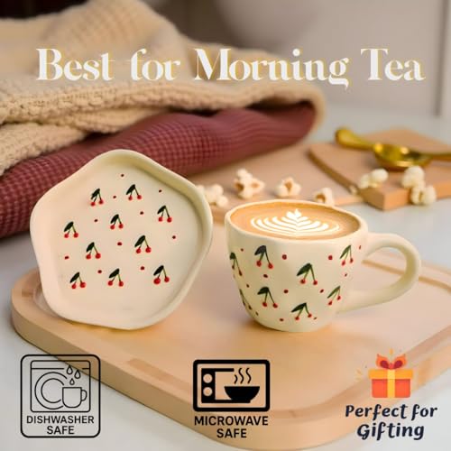 Image of THE MOON STORE Ceramic Coffee Cup and Saucer Set, Cherry Pattern Design, White, 250ml for Gift Aniversary and Birthday (4)