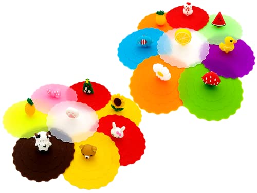 Kellegour 16 Piezas Tapa de Taza de Silicona,Tapa de Silicona para Tazas Reutilizables,Dibujos Animados Lindo Tapas Silicona para Tazas,Funda Silicona para Tazas,para Tazas de Café,Copas de Vino Cover