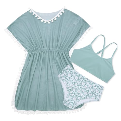 Goodstoworld 7-12Y Girls 3 Piece Cover Up Swimsuit Hawaiian Bikini Bathing Suit with Pompom Tassel