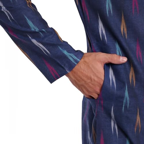 Image of SKAVIJ Men's Pure Cotton Printed Kurta Pajama Set Ikat Design Casual Ethnic Dress