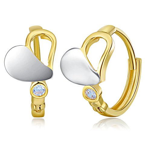 14k REAL Two Tone Gold 6mm Thickness Heart CZ Hinged Hoop Huggie Earrings (10 x 10 mm)2