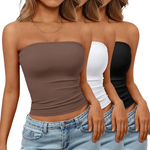 Trendy Queen Womens 3 Pack Strapless Backless Tube Tops Sleeveless Going Out Crop Bandeau Tops Cute...