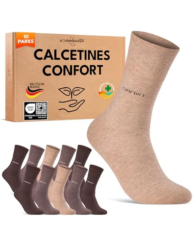 sockenkauf24 Calcetines Cómodo Diabéticos Hombre 39-42 Mujer sin Elástico y sin Costuras con Cintura de Confort Algodón Beige Marrón 10 Pares