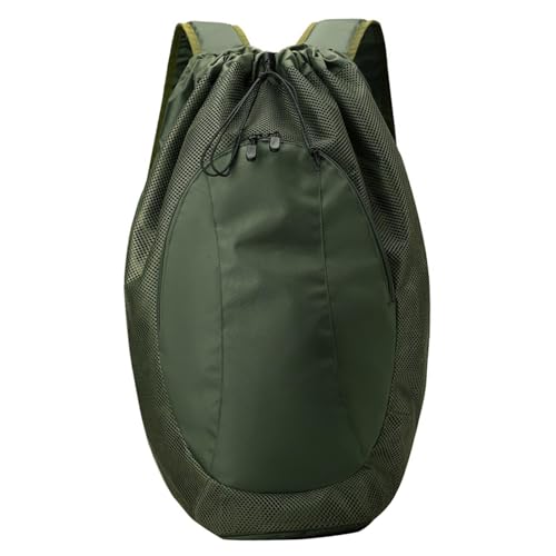 Drawstring Backpack with Mesh Compartment Nylon Sports Gym Bag Badminton Racket Bags for Dance Travel Swimming Women Men, Green