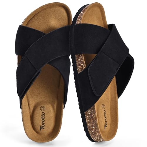 Torotto Damen Pantoletten mit Kork-Fußbett und verstellbarem Riemen - Bequeme Hausschuhe für Indoor und Outdoor - Weiches Obermaterial mit Gummisohle - Schwarz Gr. 39
