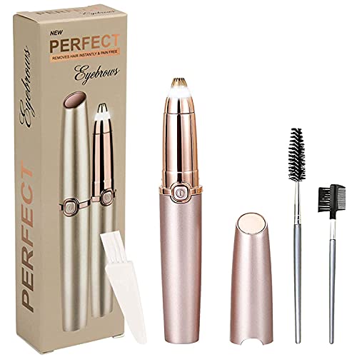 Electric Eyebrow Hair Trimmer For Women & Men - Painless Eyebrow Epilator Pen With Built-in LED Light - 2PCS Makeup Brushes Included - Eyebrow Hair Remover For Face Upper Lips Nose Facial Hair Removal