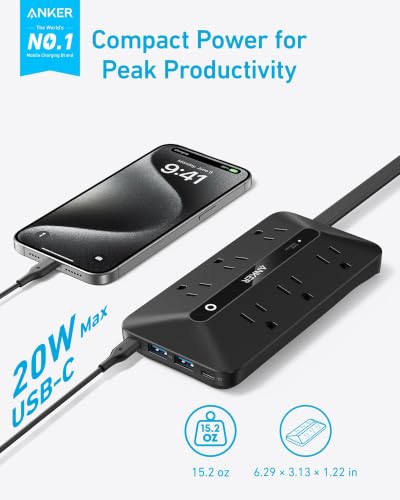 Anker Power Strip with 300J Surge Protector, 5ft Outlet Extender, 20W, 6AC - image 2