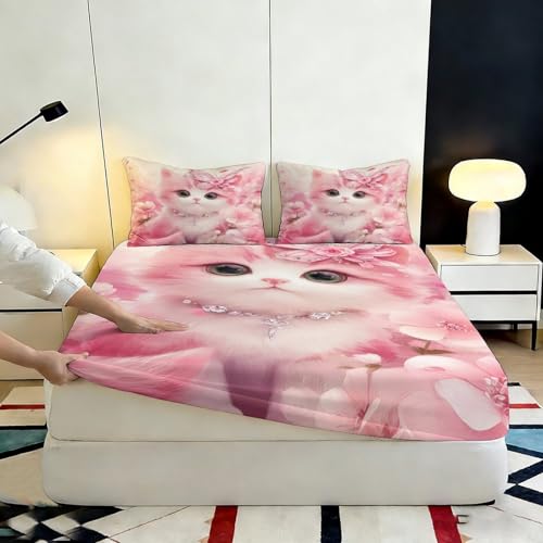 Drap-housse chat rose microfibre housse matelas lit 200x200cm - 7