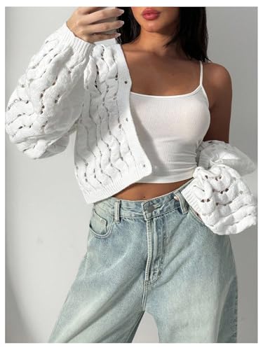 Verdusa Women's Hollow Out Button Up Cardigan Sweaters Crochet Knit Outerwear3