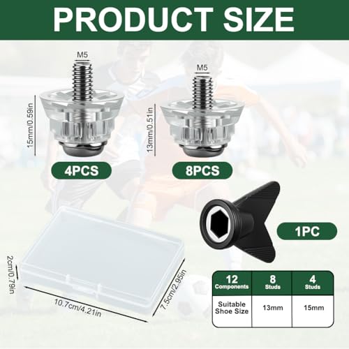 flintronic 12 Stück Schraubstollen für Fussballschuhe, Fußballschuhe Ersatzstollen Stollen, mit Schraubenschlüssel Kompatibel, mit den meisten Fußballschuhen (12mm 16mm)