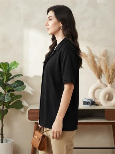 Image of Leriya Fashion Shirts for Women | Cuban Collar Textured Half Sleeve Button-Down Casual Shirt | Relaxed Fit Shirt Everyday Office Wear & Vacation Wear