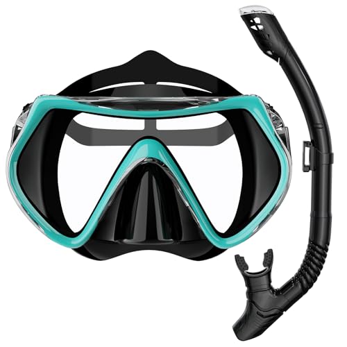 BuyCard Snorkel Mask,180 Degree Panoramic View Dry Top Snorkeling Gear，Safe Anti-Leak Anti-Fog Diving Mask, Snorkel Set and Swimming Goggles (Peacock