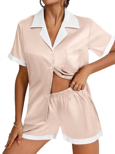Ekouaer Womens Silk Pajama Sets Satin Button Down Loungewear SilkY Champagne Pajama Set 2 Piece Pj Set M