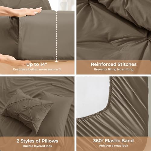 Image of Sasttie Queen Comforter Set, 7-Piece Bed in a Bag, Pintuck Bedding Sets for All Season, Includes Comforter, Flat Sheet, Fitted Sheet, Pillowcases and Pillowshams, Brown