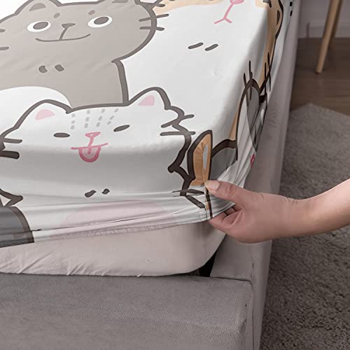 Cvhouse Cat Fitted Sheet Full Size,Cartoon Cat Bed Sheet Set For Kids Teens,Kawaii Bedding Set,1 Flat Sheet & 1 Fitted Sheet With 2 Pillow Cases - 4 Piece #TOP5