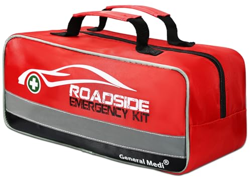 General Medi 127-Pieces Roadside Car Emergency Kit Include Mini First Aid Kit, Jumper Cables,Tow Rope, Bandage, Safety Vest, Emergency Triangle, All in One Pack