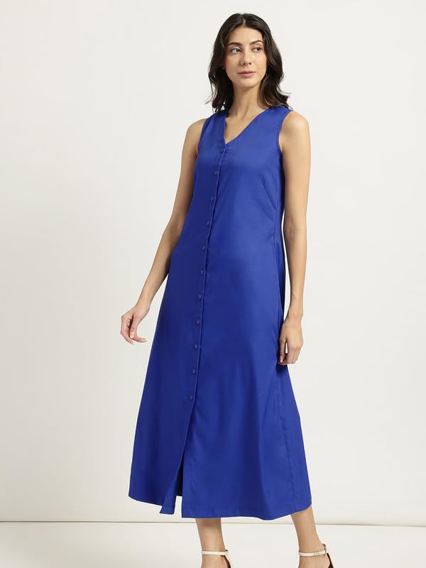 Image of FableStreet Women Casual Midi Cotton Button Down A-Line Dress | Button Down Flowly Dress Perfect for Outings