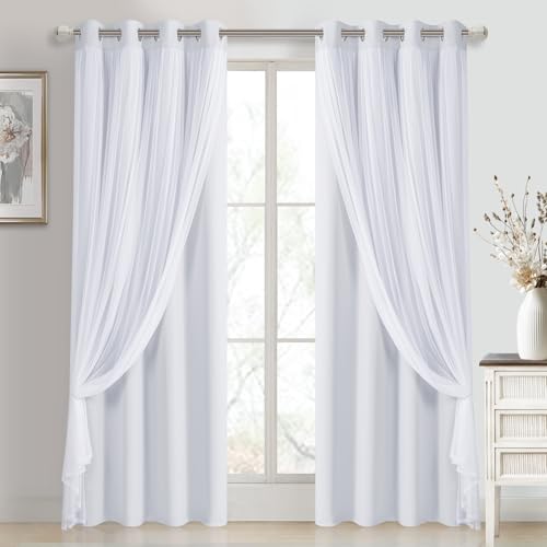 Image of DWCN White Blackout Curtains with Sheer Overlay Thermal Insulated Mix & Match Double Layer Window Panels for Bedroom Living Room Drape Sewn with Tiebacks Grommet Top 52" Wx84 Lx2