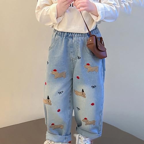 Girls Wide Leg Jeans Kids Baggy 𝐂artoon Embroidery Elastic High Waist Denim Pants Y2k Vintage Streetwear Pants4