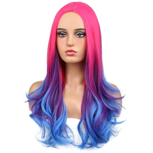 MAGQOO Rose Blue Purple Wig for Women Long Curly Wavy Magenta Blue Purple Wig Multicolor Rainbow Middle Part Synthetic Heat Resistant Fiber