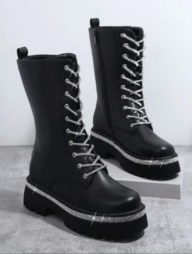 Wild Diva Munich-09 Women's Lug Sole Rhinestone Lace-Up Detail Faux Leather Combat Boots2