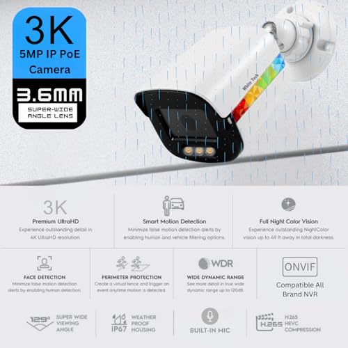 Image of White Tech Premium 5MP Outdoor PoE IP Bullet Camera Built-in Mic Human Detection Color Night Vision 3.6MM Lens for Home Office Security CCTV Camera Compatible Others Brand NVRs Support (Pack of 1)