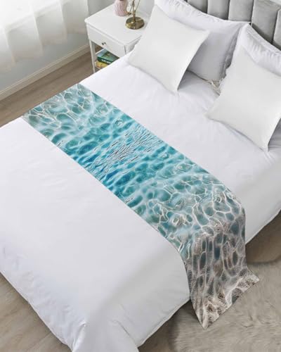 Yukro Bed Runner Scarf, Summer Beach Water Ripple Ocean Art Realistic Sea Sand Twin Bed Scarf Runner, No Fading Decorative Bedding Scarf for Bedroom Hotels Homes and Guestrooms