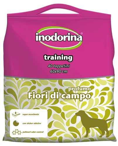 Inodorina Tappetini igienici per cani (60x90 cm, 40 pezzi, fiori di campo) – Traversine profumate super assorbenti in pura cellulosa vergine – Con polimeri odor control e sticker antiscivolo