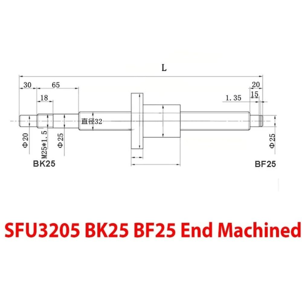 GTPBAO Vis à billes roulées C7, 32mm de diamètre, 5mm, filetage à droite, BK25 BF25, extrémité usinée, SFU3205, vis à billes avec écrou unique mouvement(800mm)