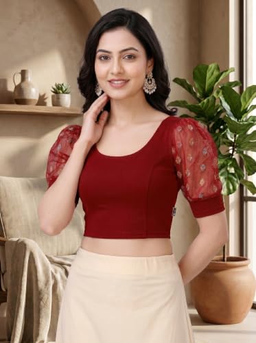 Image of SFT Women's Cotton Lycra Blend Readymade Saree Blouse with Round Neck Half Sleeves Solid Pattern Knit Weave Regular Fit and Pull On Closure