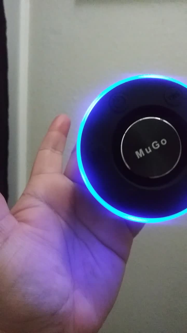 MuGo speaker displaying various LED light colors