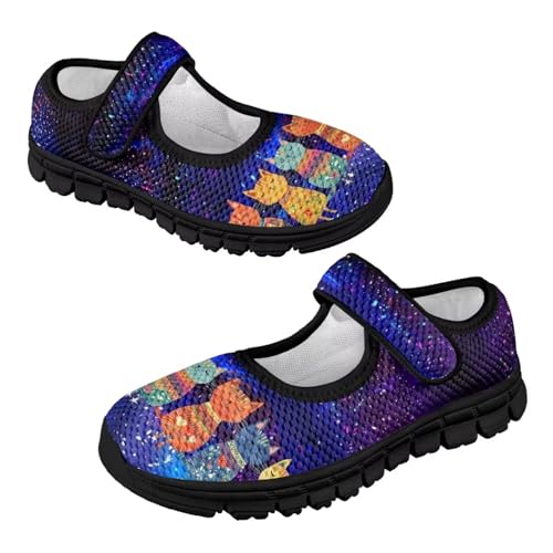 Forchrinse Blue Galaxy Cat Print Toddler Girls Mary Jane Flats,Breathable Slip on Comfort Platform Mary Jane for Kids Dress Walking Shoes2