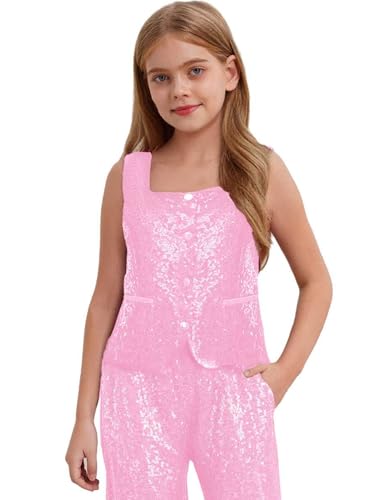 Girls Sequins Waistcoat Sleeveless Square Neck Hip-Hop Jazz Dance Party Stage Performance Jacket Vest3
