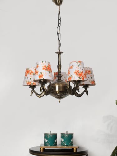 Image of Devansh 05-Light Printed Conical Multicolor Cotton Shade Chandelier - Antique Golden Finish | Adjustable Cord | Warm Glow Lamp - Ceiling Light for Living Room, Dining Area, BedroomDecor - D1