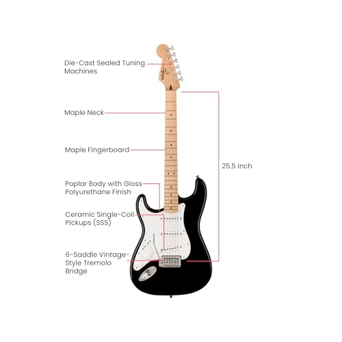 Image of Fender Squier Sonic Stratocaster Left-Handed - Black Bundle with Mustang Micro Headphone Amp, Cable, Tuner, Strap, Picks, and Austin Bazaar Instructional DVD