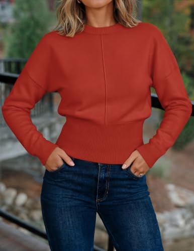 Image of ZESICA Women's Fall Sweaters Crewneck Cinched Waist Pullover Tops