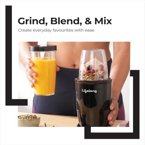 Image of Lifelong Nutri Blender with 2 Jars (500ml & 300ml)| 450W Motor, 3 Speed with Pulse, Dual SS Blades(2-Leaf & 4-Leaf), Dual Lids(Sprinkler & Solid)|Compact Mixer, Juicer & Grinder for Smoothie & Chutney