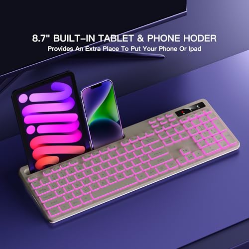Image of Soueto Wireless Keyboard with 7-Color RGB Backlit, Full-Size Computer Keyboard with Phone Tablet Holder, 2.4G Rechargeable Gaming Keyboard with Light Up Keys, Compatible with Mac, Windows (Latte)