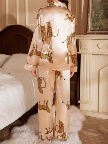 SOLY HUX Women's Leopard Print Silk Satin Pajama Set Long Sleeve Button Down Shirt Pj Set 2 Piece Sleepwear2
