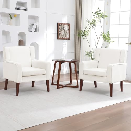 Image of Accent Chairs Set of 2, Mid-Century Reading Chair with Wood Legs, Upholstered Comfy Living Room Chair for Bedroom, Apartment, Waiting Room, Beige