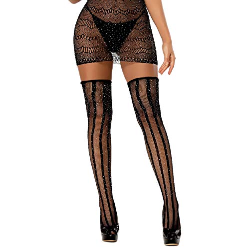 FANCAME Womens Sparkle Thigh High Stockings Patterned Floral Black Stockings Rhinestone Stay Ups Socks Tights4