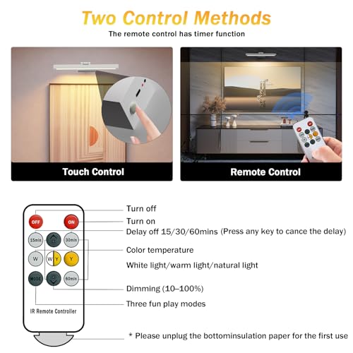 Image of Rechargeable Picture Light,15.74 Inch Battery Operated Wall Mounted Art Lamp with Remote,4000mAh Long Lasting,3 Color Dimmable Timer,270 Adjustable Gallery Poster Light(White)