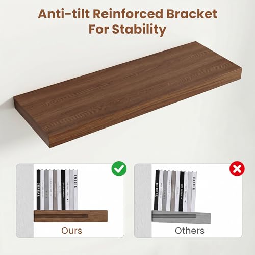 Vivelove 24x12x2 Inch Floating Shelves for Display, Wall Shelves with Invisible Brackets for Living Room, Bedroom, Kitchen, Bathroom Shelves Over Toilet Farmhouse Home Decor - Set of 2, Walnut by Vivelove - Used condition - Image 2