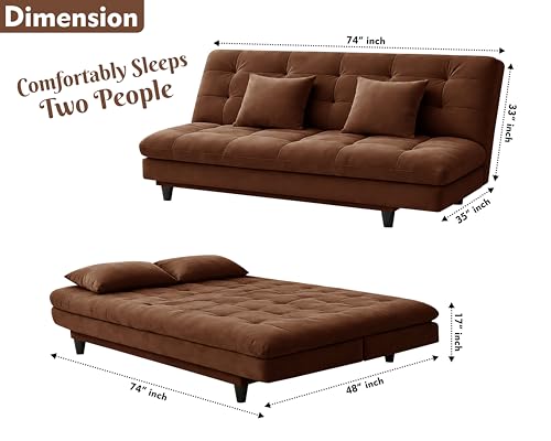 Image of Modern Convertible Three-Seater Futon Sofa Bed with Tufted Sleeper Couch Sofa with Adjustable Backrest- Living Room Furniture - Brown Color