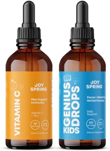 JoySpring Genius Drops & Vitamin C Supplement Set - Natural Daily Supplement Drops - Back to School Bundle - Promote Concentration in Any Circumstance - Help Boost Immunity - Comes in a Convenient Li