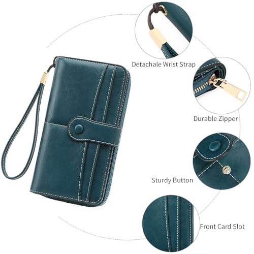 Image of Wristlet Women's Wallet Phone Purse RFID Blocking Large Capacity Card Holder Leather Blue