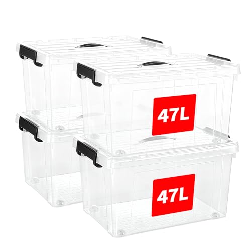SKY-TOUCH 47 Liters Clear Plastic Storage Box with Lockable Lid & Wheels Plastic Organizer Bin with Handles 48x28x35cm 4pcs