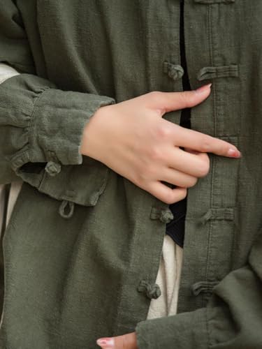 Women\'s Linen Shirts Oversized Blouses Kimono Vintage Long Sleeve Jackets Loose fit Chinese Frog Button Cape Trench Tops (US, Alpha, Large, Regular, Regular, Vintage Green)